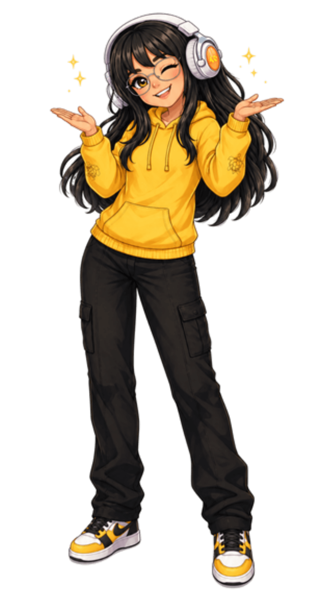 Mascote da HoneyBuxx usando moletom amarelo e fones